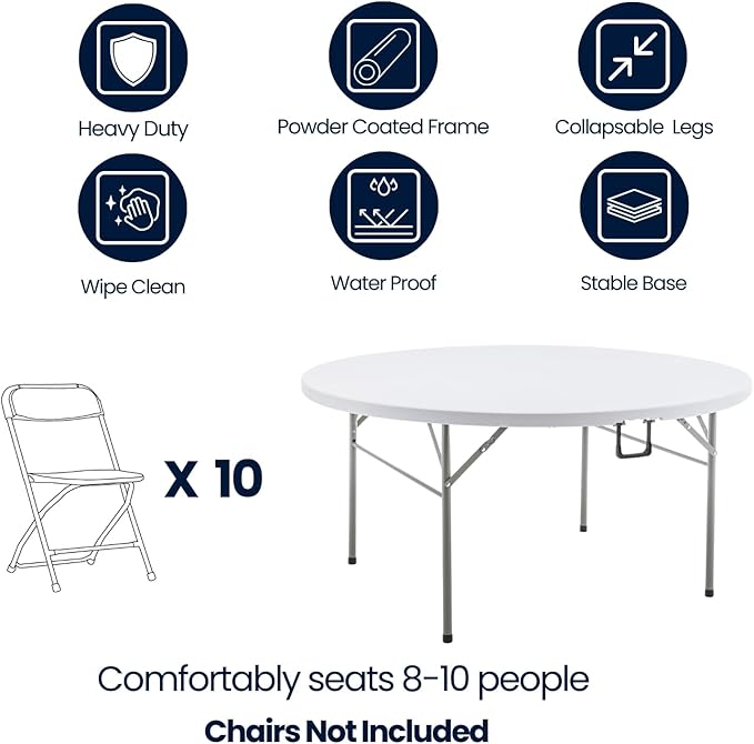 BTEXPERT White 5 Ft 60inch Round Plastic Folding Table Commercial Portable Indoor Outdoor Accessory for Patio Backyard Dining Wedding Party Events Home Kitchen