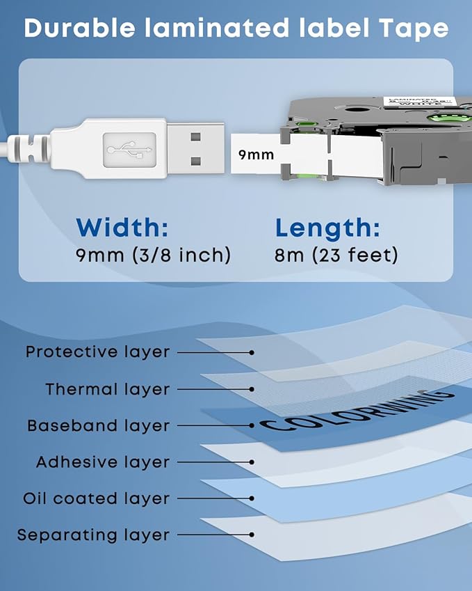 COLORWING TZe-221 9mm 0.35" Laminated White Replace for Brother TZe-221 TZe221 P Touch Label Tape 3/8" for Brother Ptouch PT-D210 D220 H110 H103W D410 D600 PT1890 Label Maker Tape, 5-Pack