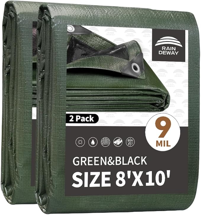 RAINDEWAY Tarps 8x10 Feet（2 Pack）,Tarp Waterproof,9Mil Thick Finished Size, Multipurpose Poly Tarp Cover with Metal Grommets and Reinforced Edges,Green/Black Tarpaulin