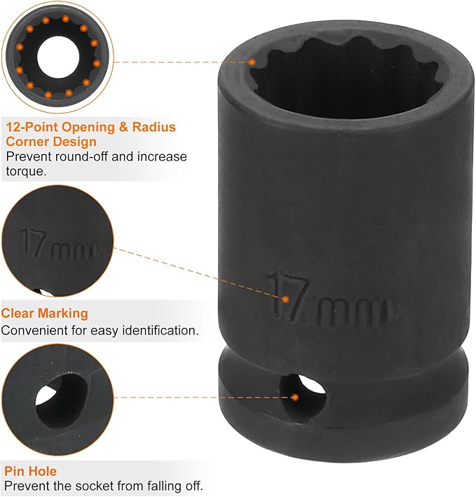 HARFINGTON 12-Point Impact Socket 1/2 Inch Drive 17mm Metric Cr-V Shallow Impact Socket Nut Driver Wrench for Auto Repair