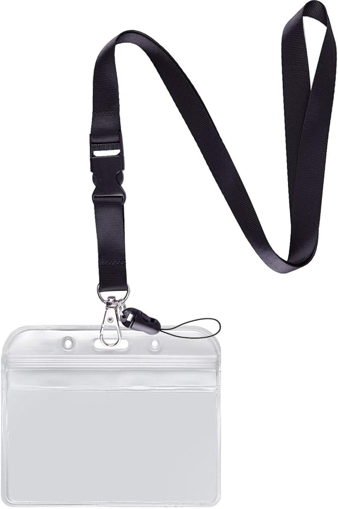 YOUOWO Lanyard with Badge Holder,Black Neck Strap Detachable Buckle Lanyard with Horizontal id Name Tag Card Holders Zipper Waterproof Resealable Clear Plastic Pack of 1