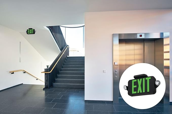 Lithonia Lighting ECRG Basics LED Exit Sign/Emergency Light Combo, Red/Green Switchable Exit Sign and Emergency Lights for Business, 2-Head Fixture, Round Lamp Heads, Black