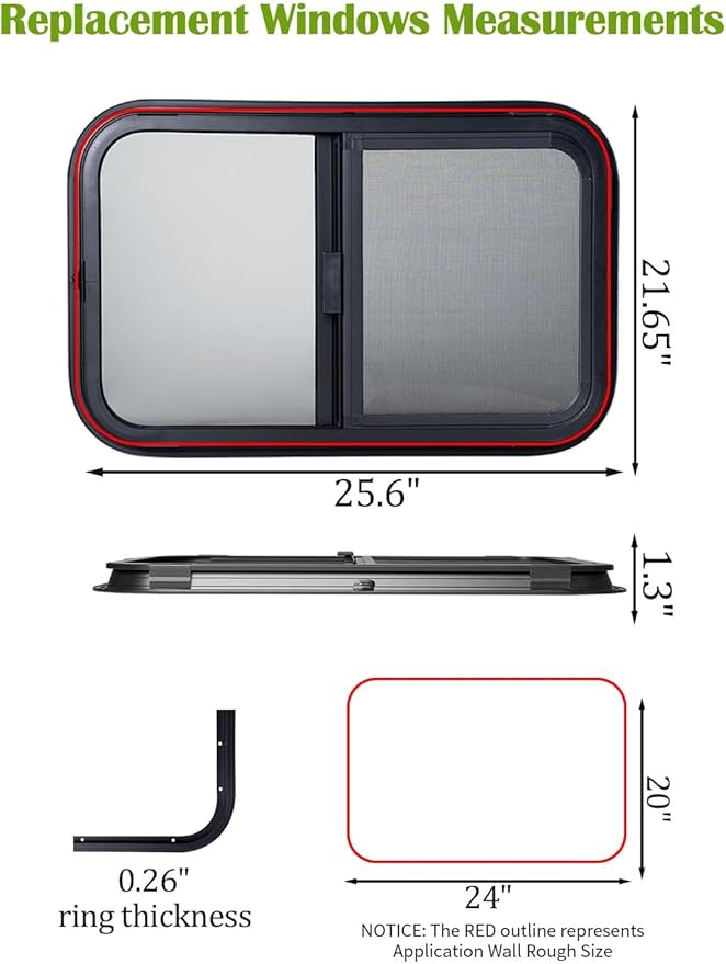 24"x20" RV Sliding Window - Horizontal Teardrop Style, DOT-Certified Tempered Glass & Trim Kit, Aluminum Alloy Frame w/Mesh Screen