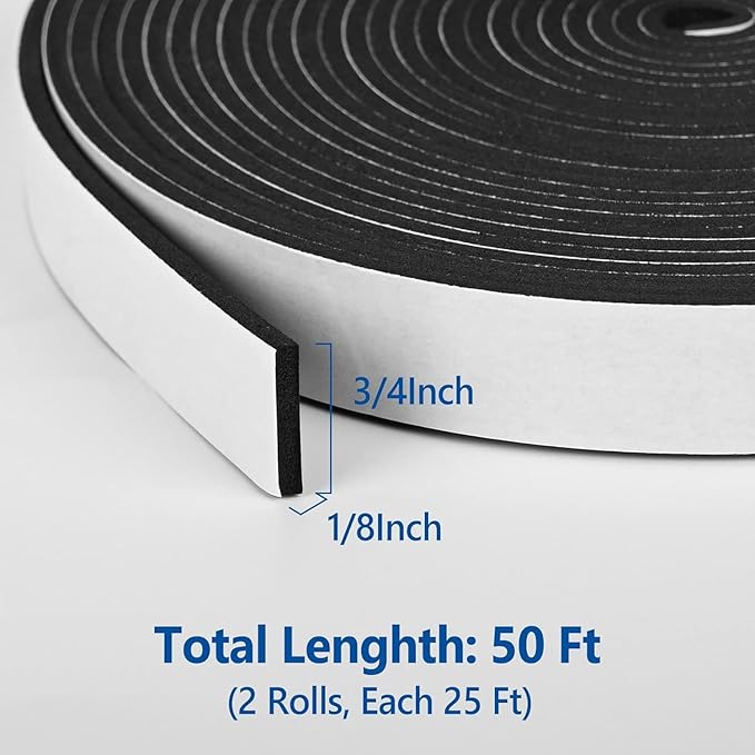 Kikerike Self Adhesive Foam Tape Weatherstrip 3/4In x 1/8In x 50Ft High Density Foam Insulation Strips Seal Weather Stripping with Strong Adhesive for Door and Window Sound Isolation Soundproofing