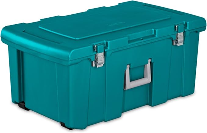 Sterilite Footlocker, Lockable Plastic Utility Storage Container Box, Teal - Heavy-Duty Organizing Containers for Home, Garage, Office, and Basement