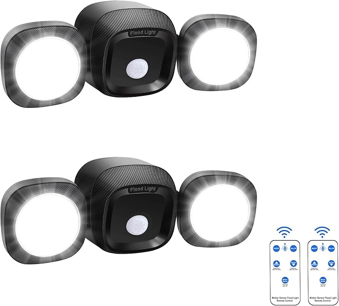 Battery Operated Motion Sensor Outdoor Lights 2 Pack - Wireless LED Flood Lights with Remote, Motion Activated Security Light Waterproof for Outside House Garage Porch Shed Yard Exterior Light