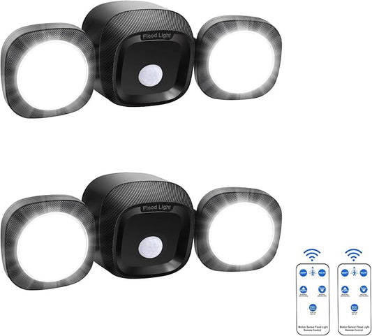 Battery Operated Motion Sensor Outdoor Lights 2 Pack - Wireless LED Flood Lights with Remote, Motion Activated Security Light Waterproof for Outside House Garage Porch Shed Yard Exterior Light