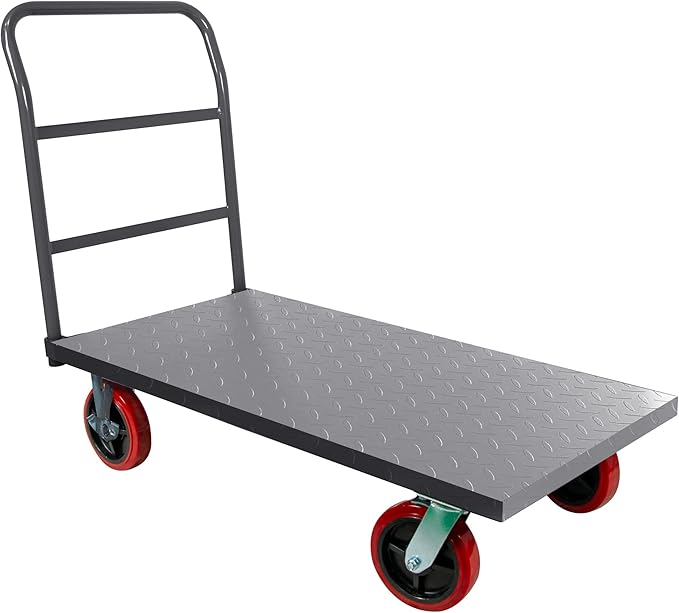 5Seconds Flatbed Platform Cart Industrial Dolly Heavy Duty 48” x 24” Platform Hand Push Truck Super Heavy Duty Diamond Plate Flatbed Cart with 3000Lb Capacity 8'' Swivel Wheels with Lock