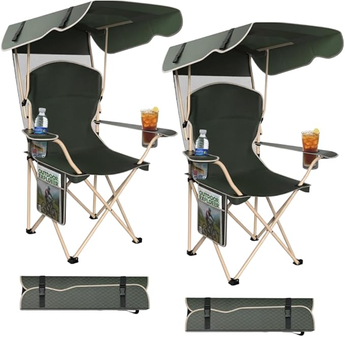 Portable Folding Camping Chairs with Canopy Shade, Beach Chair for Adults, Durable Weather Resistant 600D Oxford Cloth, Camping Chair with Canopy for Outdoors [Olive Green-2 Pack]
