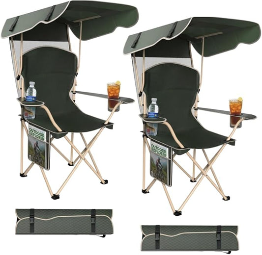 Portable Folding Camping Chairs with Canopy Shade, Beach Chair for Adults, Durable Weather Resistant 600D Oxford Cloth, Camping Chair with Canopy for Outdoors [Olive Green-2 Pack]