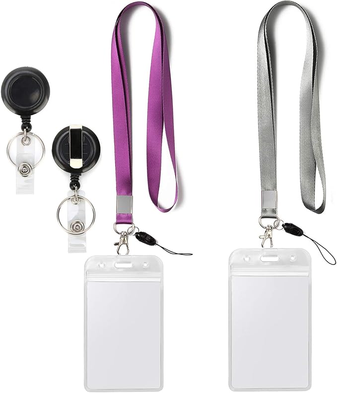 YOUOWO 2 Pack Lanyards with Vertical ID Badge Holders and Retractable Badge Reel with Clips,Office Neck Grey Purple Lanyard Waterproof