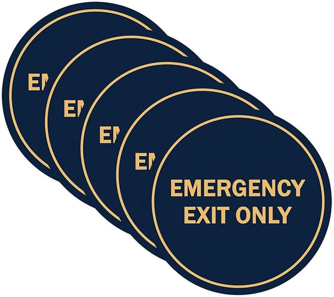 Signs ByLITA Circle Emergency Exit Only Sign (Navy Blue/Gold) - Small 5 Pack