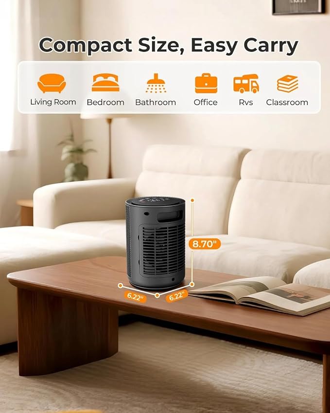 ZAFRO Small Space Heaters for Indoor Use, Portable Electric Heaters Fan with Thermostat & Remote, LED Touch Screen, 24H Timer, Eco Mode, Desk Ceramic Heater for Office/Bedroom/Bathroom/RV