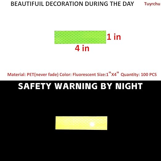 Non Fading Fluorescent Yellow Reflective Stickers 1 inch X 4 inch, Outdoor Waterproof High Visibility Safety Adhesive Reflector (100 Pcs)