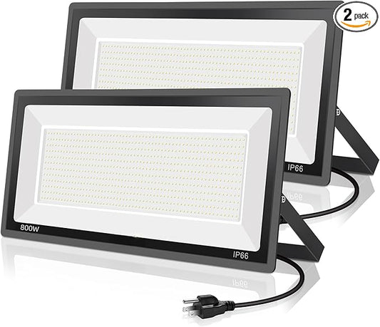 2 Pack 800W LED Flood Light Outdoor,3750W Equivalent Super Bright FloodLight with Plug,88500LM 5000K Daylight White IP66 Waterproof Commercial Lighting for Sports Fields,Counts,Arena,Stadium