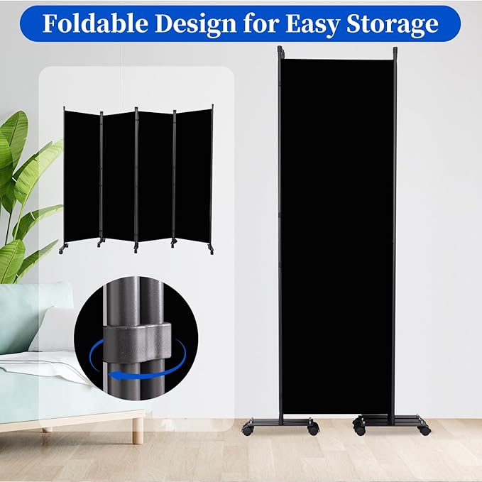 Room Divider 6FT Room Partition with Lockable Wheels, (Thicked Metal Base) Room Dividers, Freestanding Indoor Folding Privacy Screens, Portable Fabric Wall Divider for (Black, 88"- 4 Panel)