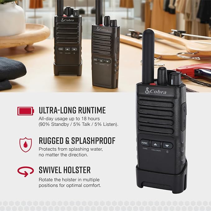 Cobra PX652 Professional Walkie Talkies - Rechargeable, 22 Channels, 300,000 sq. ft/25 Floor Range, Dust Protected & Splashproof (IP54 Rating), Headsets and Chargers Included (2-Pack)