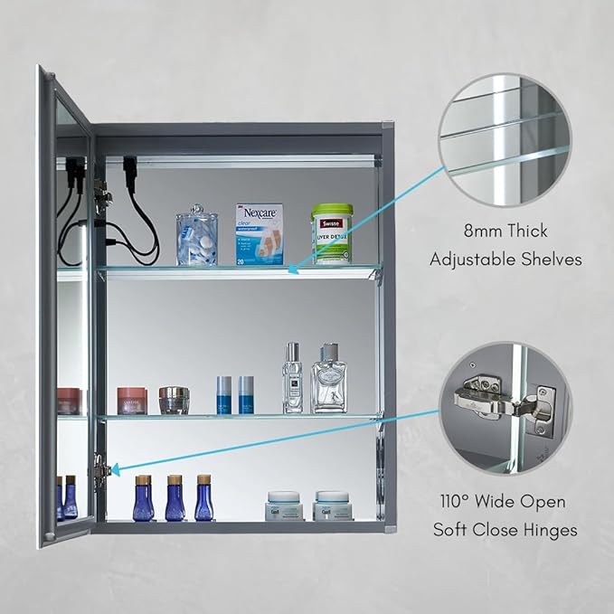 Blossom LED Lighted Medicine Cabinet Mirror for Bathroom 20x26 Inch, Left Hinge Recessed/Surface Mount - LED Mirror Cabinet with Lights, Defogger/3 Color Dimmer, Perfect Makeup Vanity
