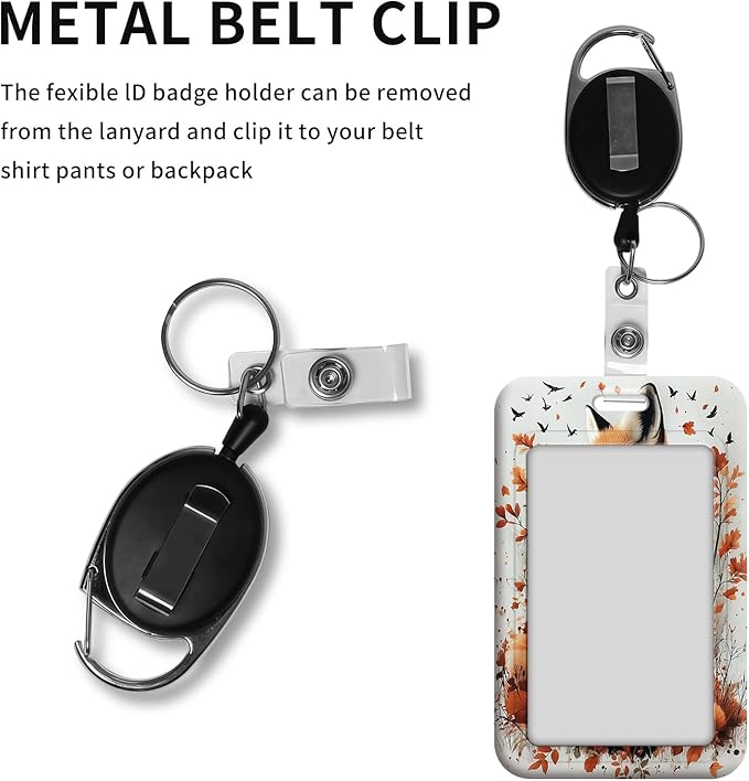 ID Badge Holder with Retractable Lanyard for Women & Men,Vertical ID Card Holder Wallet,Clear Window&Card Slot,Detachable Neck Strap for Nurse Teacher Office,Autumn Fox in Fall Foliage