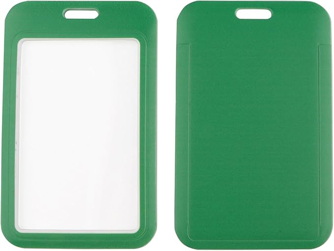 2-Pack Green Card Holder Set, Clear Plastic ID Badge Holder, Top Slot for Lanyard & Keychain, Reusable PVC Card Sleeve for Work Office School Access Card