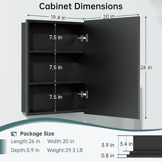 20" x 26" Metal Framed Medicine Cabinet, Bathroom Medicine Cabinet with Mirror, Adjustable Shelves, Tempered Glass Design, Recessed Mirrored Medicine Cabinets for Storage,Black