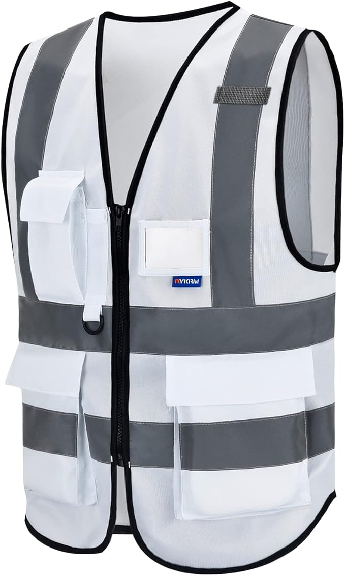 A-SAFETY Hi Reflective Safety Vest,Hi Vis Bright Neon Colors Safety Vest with 4 Reflective Strips 7 Pockets(White L)