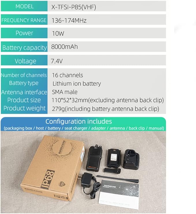 Handheld Two-Way VHF Marine Radio IP68 Waterproof LED Screen International Marine Channels 136-174 MHz 8000 mAh Battery KSUN P85