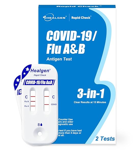 Healgen Rapid Check COVID-19, Flu A&B Antigen Test Kit, The First FDA Authorized OTC 3-in-1 Flu & COVID Home Test, Easy to Read Dual Windows, Results in 15 Mins, 2 Test