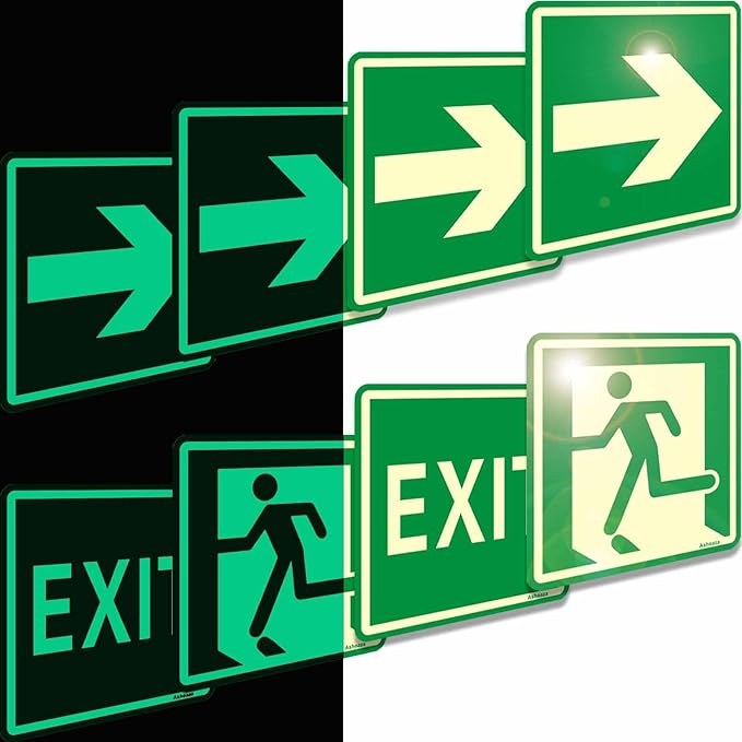 Emergency Exit Sign Glow in the Dark Decals, Running Man Sign With Directional Arrow Light Stickers, 15x15 cm, 8 Pcs Green
