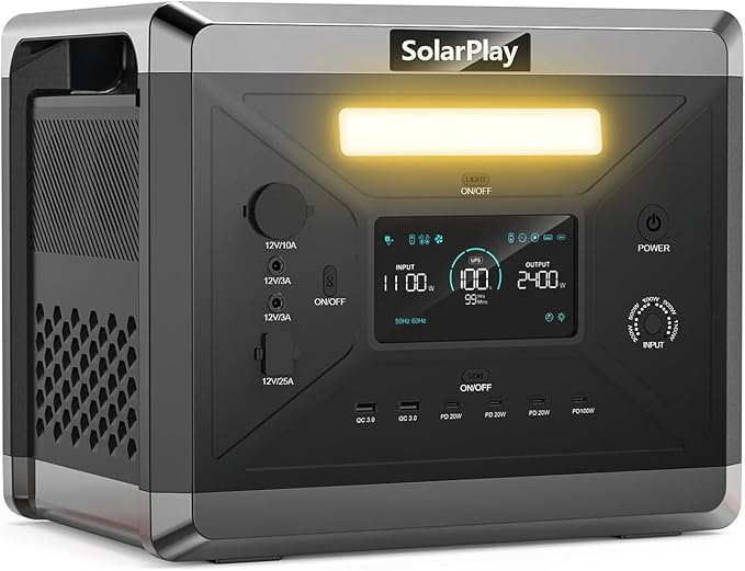 SolarPlay Portable Power Station 2400W(Peak 4800W), 2160Wh Solar Generator 1.5Hrs Fast Charging LiFePO4 Battery, 4 AC Outlets Emergency Power Station for Home Camping Outdoor Battery Backup