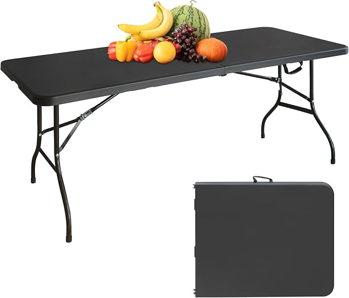 Portable 6Ft Plastic Folding Table, Heavy Duty 6ft Fold-in-Half Table with Carrying Handle, 6' Folding Utility Foldable Table for Picnic Party Camping Kitchen, Indoor/Outdoor (Black)