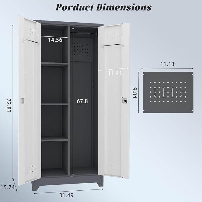 Locking Cabinet,Metal Garage Storage Cabinets with 2 Doors,Garage Tool Storage Cabinets with 3 Adjustable Shelves,Lockable Storage Cabinet for Basement,Home Office,Grey-White