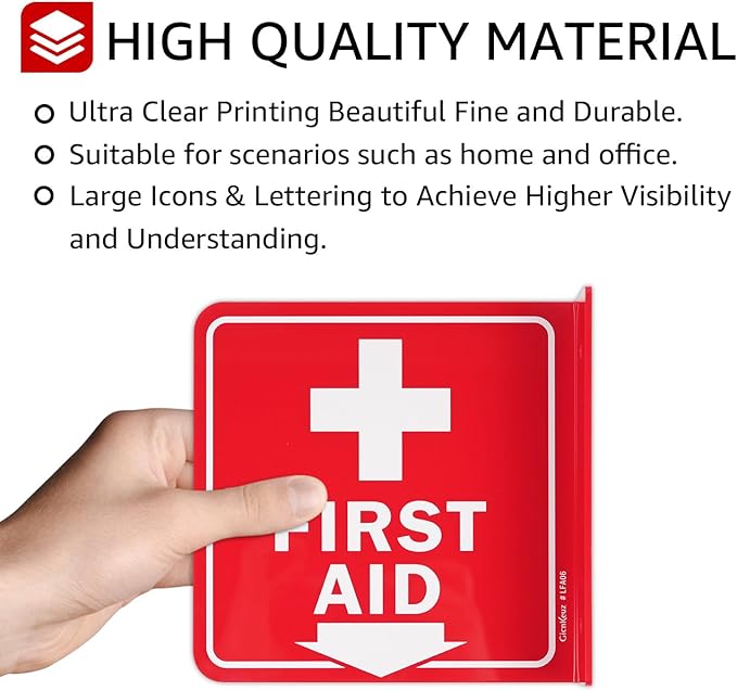 GicnKeuz First Aid Sign, 6" x 6" First Aid with Cross Symbol, Two-Sided Acrylic L-Sign for Business or Office or Wall Décor, Including Screws, Easy to Install (2 Pack)