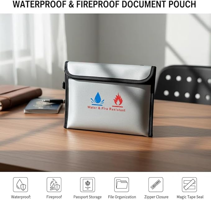 Fireproof Document Bag, Waterproof Storage Pouch with Zipper, 15 x 11 inches, Water and Fire Resistant Safe Envelope for Legal Documents, Valuables, Cash Storage, Black (Grey, Horizontal Style)
