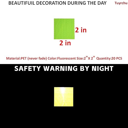 Non Fading Fluorescent Yellow Reflective Stickers 2 inch X 2 inch, Outdoor Waterproof High Visibility Safety Adhesive Reflector (20 Pcs)