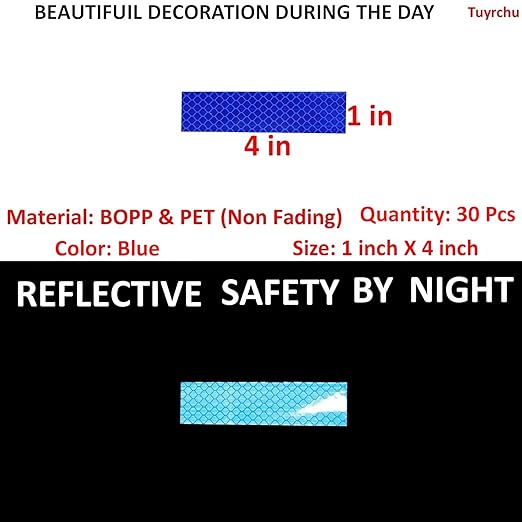 Blue Reflective Stickers 1 inch X 4 inch, Outdoor Waterproof High Visibility Warning Safety Adhesive Reflector Tape (30 Pcs)
