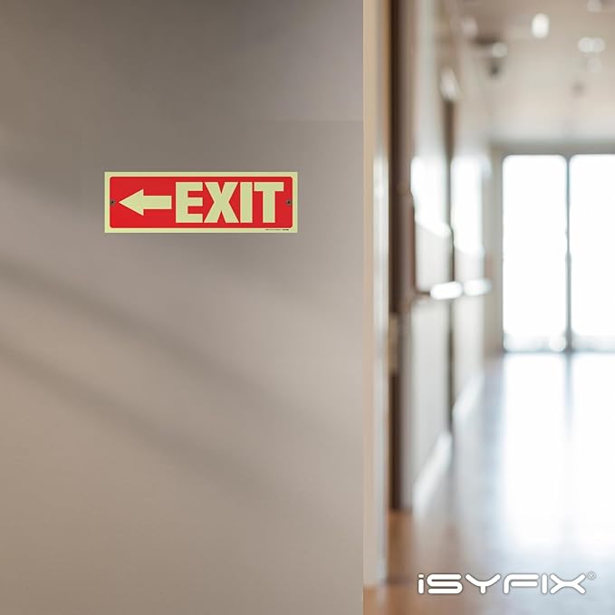 iSYFIX Exit Signs with Directional Left Arrow - 2 Pack 12x4 Inch Glow in the Dark for Business, School, Office, Warehouse - Durable 40 Mil Polystyrene, UV Laminated, Waterproof, Scratch & Fade Resistant