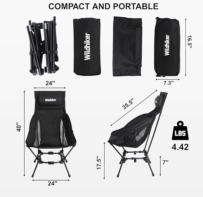 Wildhiker Portable High Back Folding Camping Chairs – Compact with Dual Sitting Modes, Pillow, Arm Pads and Side Pockets – Lightweight Chair for Motorcycle, RV, Festival, Travel – Black