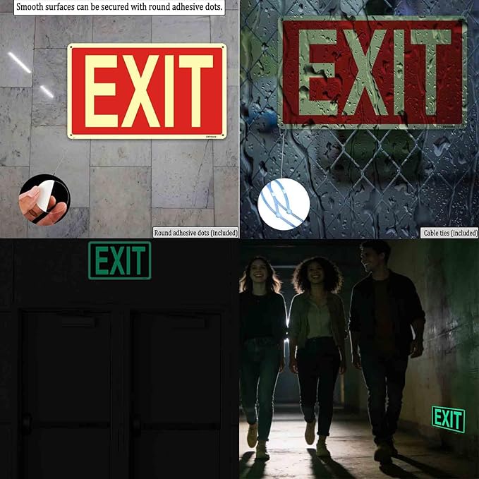 Glow in the Dark Exit Sign Aluminum - 2 Pcs 12x7 In - Ultimate UV, Weather & Fade Resistance, Indoor & Outdoor for Business, School, Office, Warehouse (Fire Emergency Signs), Includes accessories