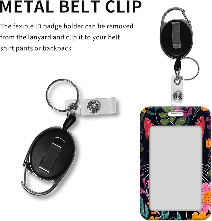 ID Badge Holder with Retractable Lanyard for Women & Men,Vertical ID Card Holder Wallet,Clear Window&Card Slot,Detachable Neck Strap for Nurse Teacher Office,Flower Cute Cat