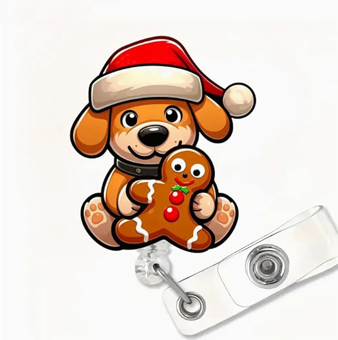 Christmas Gingerbread Man Dog Badge Reel Winter Nurse Badge Clip for Name Tag Decor Retractable Badge Reels with Acrylic Alligator Clip Xmas Cute Badge Holder for Medical Worker