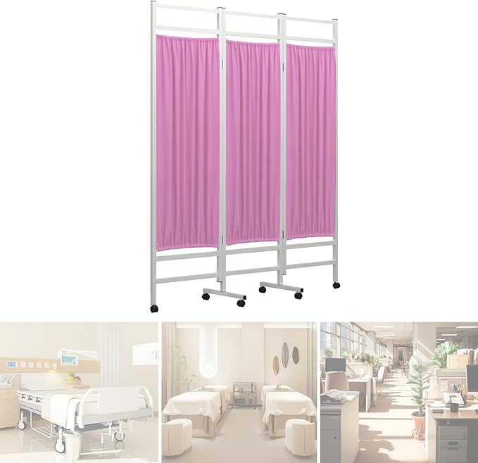 Medical Privacy Screen on Wheels, Foldable Medical Room Divider with Lockable casters, Waterproof Nylon Panel, Portable Privacy Screen for Room, Easy to Clean (Pink 3 Panels)
