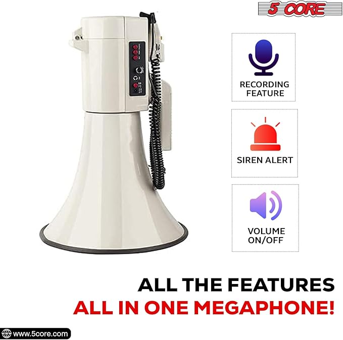 5 CORE Megaphone 100W Bull Horn Professional PA Speaker w 2000 Yards Long Range Loud Siren Voice Amplifier USB/SD/3.5mm Aux Portable Megafono for Emergency Outdoor Sports and Coaches - 4501 USB