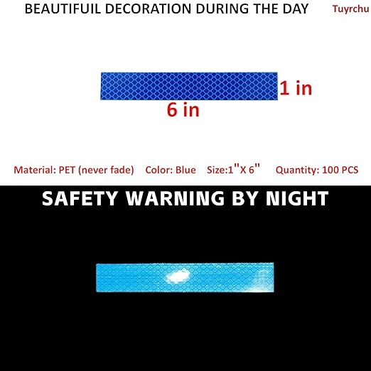 Non Fading Blue Reflective Stickers 1 inch X 6 inch, Outdoor Waterproof High Visibility Warning Safety Adhesive Reflector Tape (100 Pcs)