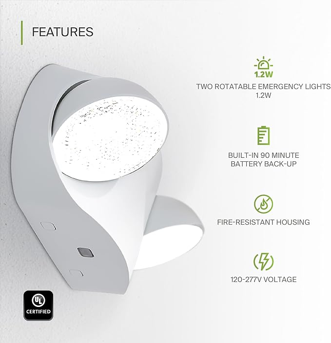 ASD LED Emergency Lights with Battery Backup - 120-277V UL 2.5W Two Round Head Adjustable for Business, Commercial Hardwired Damp Location Emergency Exit Power Outage Lights