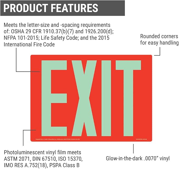 Glow in the Dark Exit Sign, 2 Pack 14" x 10" Permanent Self Adhesive Vinyl, OSHA, NFPA, IFC, ASTM, DIN, ISO, IMO RES, PSPA Compliant, J. J. Keller & Associates, Inc.
