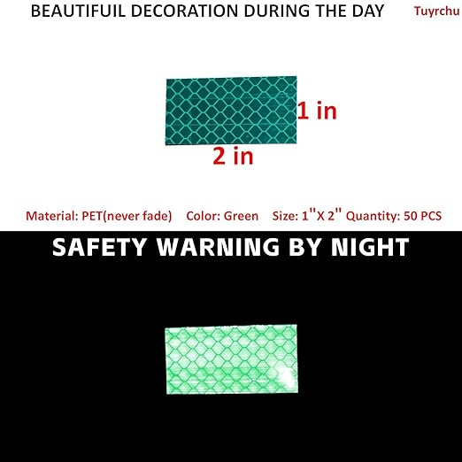 Non Fading Green Reflective Stickers 1 inch X 2 inch, Outdoor Waterproof High Visibility Warning Safety Adhesive Reflector Tape (50 Pcs)