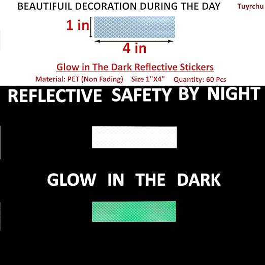 Glow in The Dark Reflective Stickers 1 inch X 4 inch for Truckskes, Warning Strong Safety Adhesive Reflective Strips (60 Pcs)