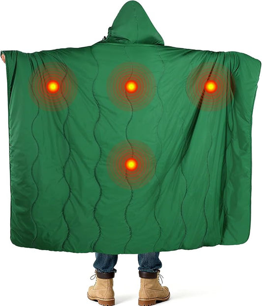 Apipi 4.5x6ft Outdoor Heated Blanket Battery Operated - Rainproof Windproof Stadium Camping Blanket with Removable Hood, Warm Travel Shawl Winter Camping Gear Essentials (USB Powered)