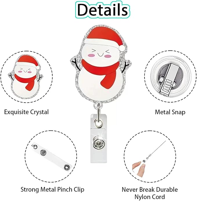 Christmas Badge Holder Snowman Retractable ID Badge Reel with Alligator Clip Glitter Snowman Acrylic Badge Reels with Hat ID Name Tag for Nurse Nursing Student Office Teacher Holiday Badge Accessories